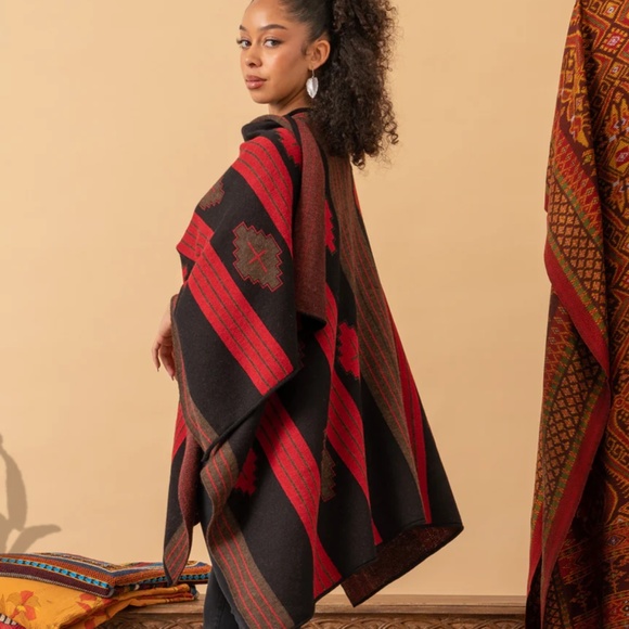 NWOT Alpaca Ruana, Navajo, Red/Black/Brown (One Size) - Picture 3 of 15